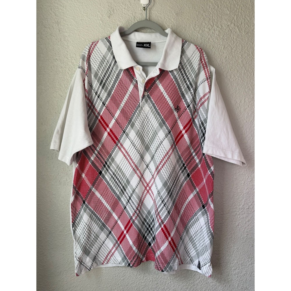 Southpole Men's XXL Y2K Plaid Print Polo Red Gray White 100% Cotton Streetwear